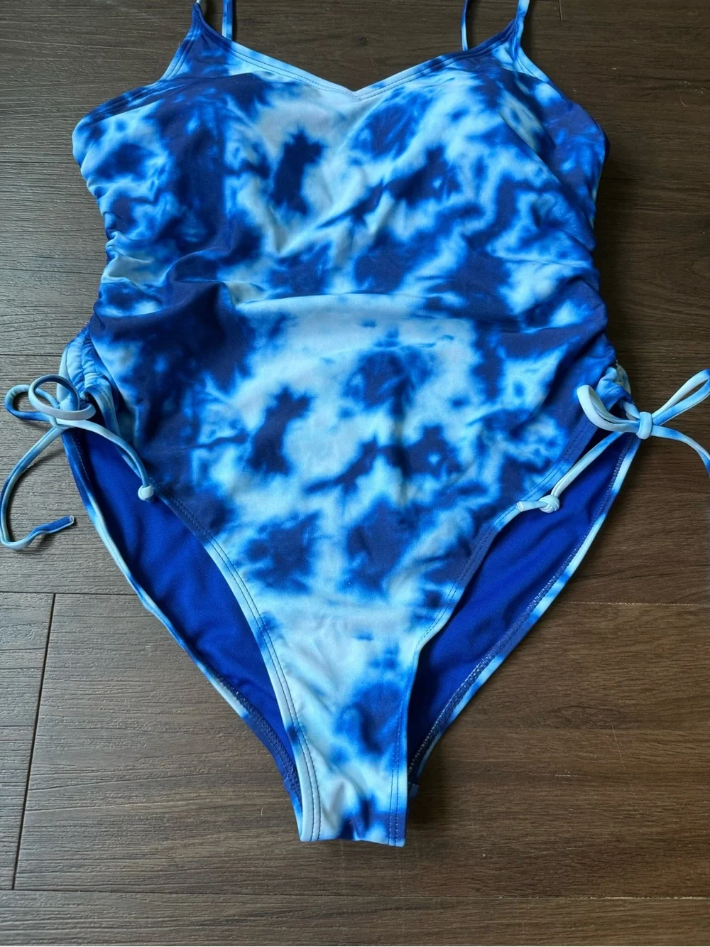 Cyn & Luca Tie Dye Blue White One Piece Swimsuit Adjustable Sides Bathing Suit L